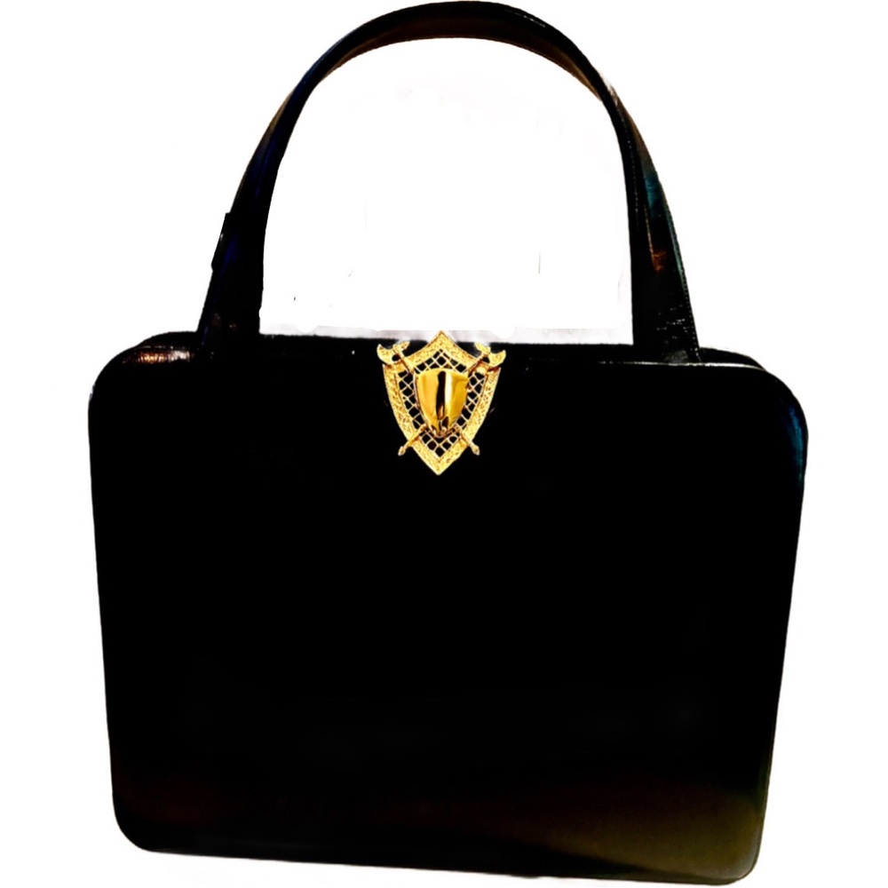 1940s Black Leather French Top Handle Hand Bag